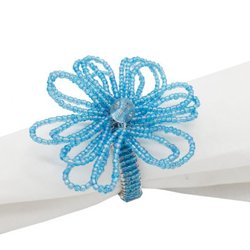 Hand Beaded Flower Design Napkin Rings, Set of 4, Turquoise