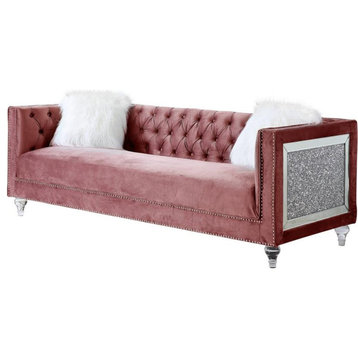 Bowery Hill Contemporary Velvet Upholstered Sofa with 2 Pillows in Pink
