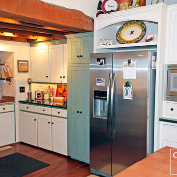 White & Green Hybrid Farmhouse Kitchen with Green Island