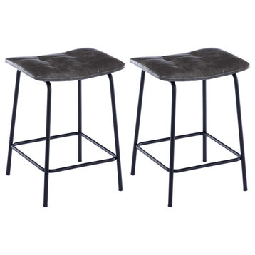 Set of 2 Saddle Tufted Counter Stools, 24 Inch, Grey-Faux Leather