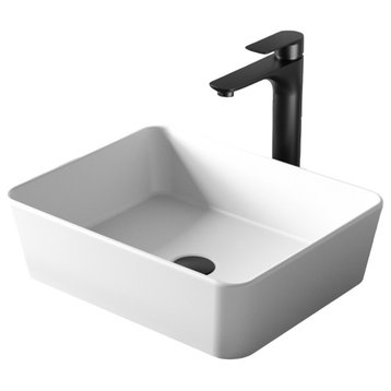 Karran White Acrylic 18" Rectangular Vessel Sink With Faucet Kit, Matte Black