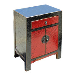 Chinese Distressed Black Red Crackle Pattern End Table Nightstand - Nightstands And Bedside Tables