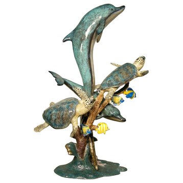 Dolphins And Two Sea Turtles Swimming, Special Patina Finish Bronze Sculpture