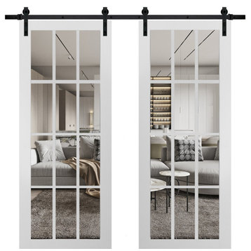 Double Barn Door 56 x 96 With Clear Glass, Felicia 3355 Matte White, 13FT Kit