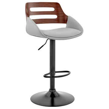 Karter Adjustable Faux Leather/Wood Barstool, Gray and Walnut With Black Base