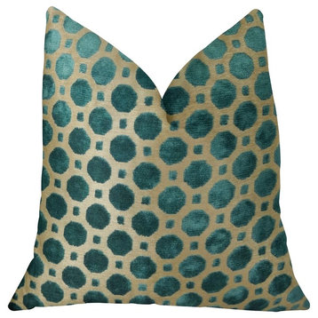 Velvet Aquamarine Turquoise and Taupe Handmade Luxury Pillow, 16"x16"
