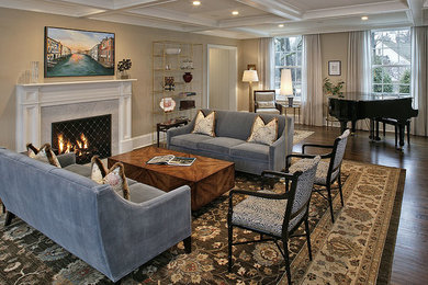 Large elegant formal and enclosed dark wood floor and brown floor living room photo in Chicago with beige walls, a standard fireplace, a stone fireplace and no tv