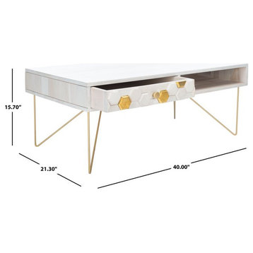 Coffee Table, Hairpin Legs & Drawer With 3D Geometric Accent, White Wash/Brass