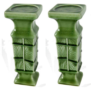 Ceramic Candle Holders, Set of 2, Green 4x4x9.5"