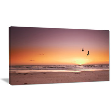 "Beach Sunset And Sea Gulls" Modern Seashore Canvas Art, 32"x16"