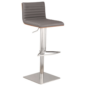 Carmichael Adjustable Brushed Stainless Steel Barstool, Gray With Walnut Back