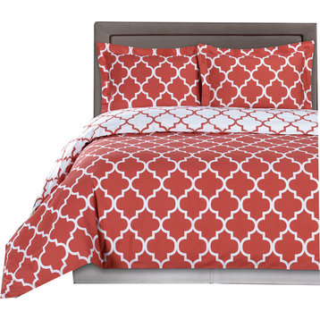 Meridian 100% Cotton Duvet Cover Set, Coral and White, King/Cal King