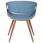 Armen Living - Butterfly Mid-Century Walnut Dining Chair, Blue - Bring a contemporary flair to your home with our beautiful Butterfly Dining Chair from Armen Living. Showcasing expert craftsmanship, our sculptural dining chair remains a modern marvel. The Walnut wood is molded gracefully to deliver a cradled back and seat. Upholstered in premium quality fabric, the seat offers endless comfort and style to elevate your dining experience. The soft fabric or faux leather upholstery covers a high-density foam cushion that provides comfort for long sitting periods but also features ergonomic properties to keep your back healthy and properly aligned. The rich walnut finish on the metal legs and add a dose of warmth to our top-stitched fabric seat. The combo can truly bring subtle glamour and charm to your dining room, kitchen, living room, home office, or bedroom! The Butterfly Dining Room Accent Chair is crafted from quality materials that will last for many years to come. The Butterfly is available in a walnut wood finish with your choice of green, blue, or charcoal fabric or grey faux leather upholstery. The Butterfly can support up to 250lbs and features an 18-inch seat height.