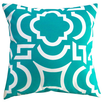 Outdoor Modern Geometric Throw Pillows, Set of 2, Teal, 18", Cover and Insert