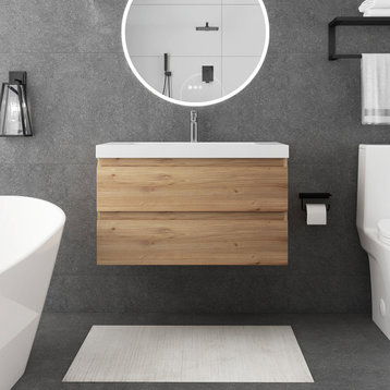 Wall-Mounted Bathroom Vanity with Integrated Resin Sink, F Oak, 36in.