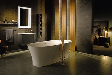 Inspiration for a large modern kids bathroom in Other with a freestanding tub and gray tile.