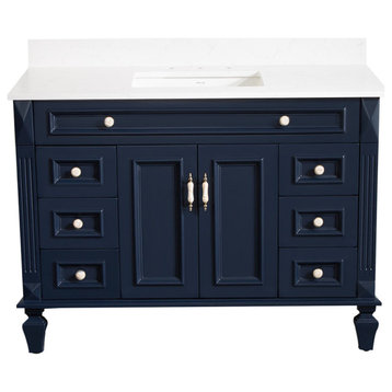 48 Inch Solid Wood Bathroom Vanity with Quartz Top and cUPC Certified Sink, Navy Blue