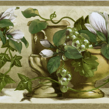 Wallpaper Border Ceramic Flowers Green Beige Brown 7"x15'