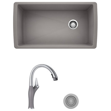 Blanco Diamond Super Single Sink Kit with Pull-Down Faucet, Metallic Gray