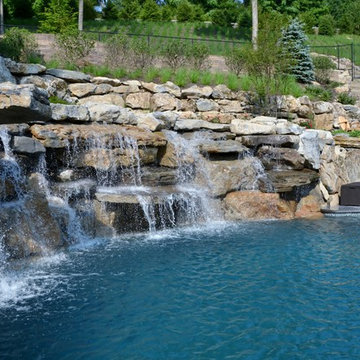 Pool and Spa with Water Feature Built into Mountainside - Mahwah, NJ