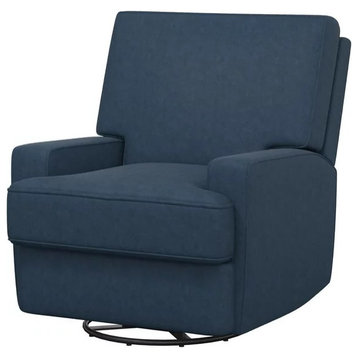 Modern Recliner Glider Chair, Square Design With Swiveling Coil Seat, Dark Blue