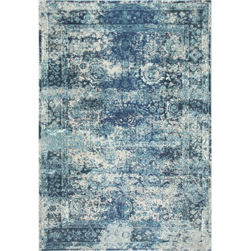 Traditional Vintage Bohemian Color Washed Floral Rug, Ocean Blue, 7'10"x11'