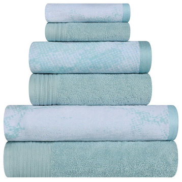 6 Piece Marble Effect Cotton Washable Towel Set, Teal
