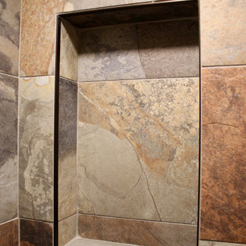 Century Home Farmhouse Masterbath with Vessel Sink and Tiled Shower