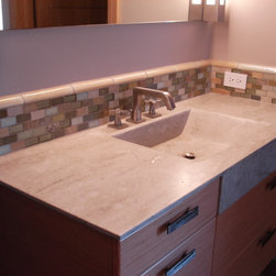 Custom Angled Corian Vanity Sink and Top with Apron Front Using the Color Tumble - Vanity Tops And Side Splashes