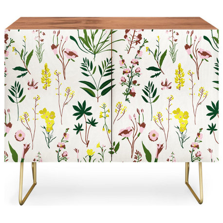 Deny Designs Wildflower Light Credenza, Walnut, Gold Steel Legs