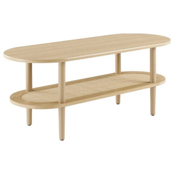 Modway Torus Oval Wood Coffee Table with Lower Rattan Shelf in Oak
