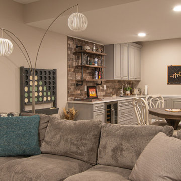 Basement With Entertainment Area for Family With Traditional Style Kitchenette