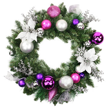 24" Unlit Purple With Silver Decorated Wreath, 99 Tips