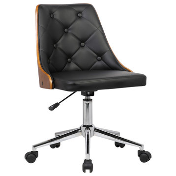 Patton Office Chair, Chrome With Tufted Black Faux Leather & Walnut Veneer Back