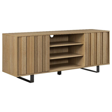 60" Modern Wood TV Cabinet with Paneled Doors - Oak / Black