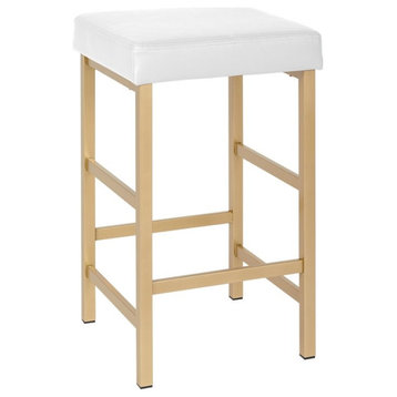 26" Gold Backless Stool in White Faux Leather