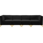 Meridian Furniture - Alina Velvet Upholstered 4-Piece Modular Sofa, Black - Bring modern beauty to your space with the addition of this Alina Velvet Modular Sofa. This beautiful sofa features deep channel tufting to ramp up its visual interest and add to its resilient demeanor. Its soft black velvet upholstery blends nicely with existing elements in your room and is sleek to the touch, making this seat a super comfortable one. Part of the modular Alina collection, this sofa has a latch that attaches it to other pieces to create your custom seating arrangement.