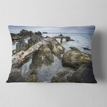 Rocky North Ireland Seashore Modern Seascape Throw Pillow, 12"x20"