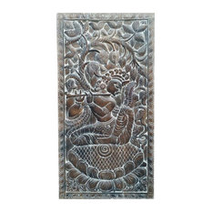 Consigned Vintage Wood Carving, Fluting KRISHNA on Lotus Art Panel, Wall Panel,