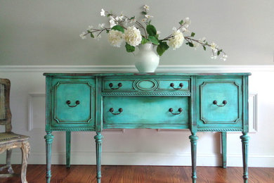 Vintage Hepplewhite Hand Painted French Country Weathered Turquoise Aqua Buffet
