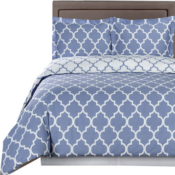 Meridian Cotton Printed Reversible Bed Set, Periwinkle and White, King
