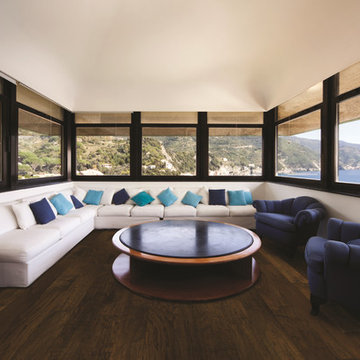 Coastal Living Room With Dark Wood Floors