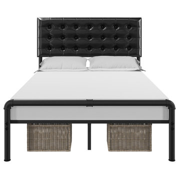 Platform Bed, Pipe Metal Frame & Tufted Faux Leather Headboard, Black, Queen