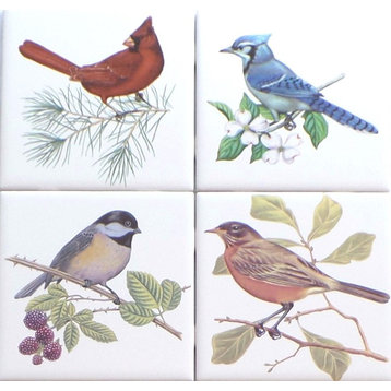 Beautiful Birds Ceramic Tile set 4 of 4.25" x 4.25" Kiln Fired Song Bird Decor A