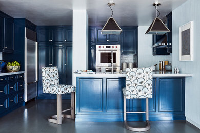 Kitchen - large eclectic u-shaped painted wood floor and gray floor kitchen idea in Los Angeles with recessed-panel cabinets, blue cabinets, gray backsplash, subway tile backsplash, stainless steel appliances and a peninsula