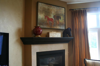 Mid-sized transitional formal and open concept dark wood floor living room photo in Grand Rapids with beige walls, a standard fireplace, a stone fireplace and a wall-mounted tv