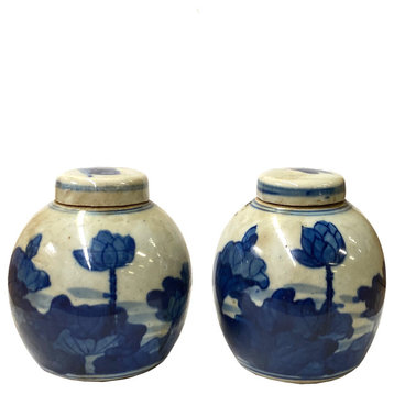 Pair Blue White Mini Oriental Graphic Porcelain Ginger Jars Hws949