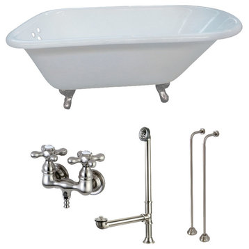 54" Cast Iron Clawfoot Tub w/Faucet Drain and Supply Lines, White/Brushed Nickel