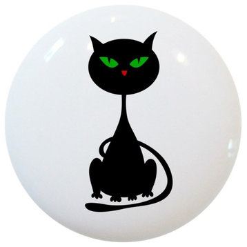 Black Cat Green Eyes Ceramic Cabinet Drawer Knob