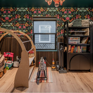 Luxury Playroom Design: Forest Green Accents and Reeded Wood Paneling